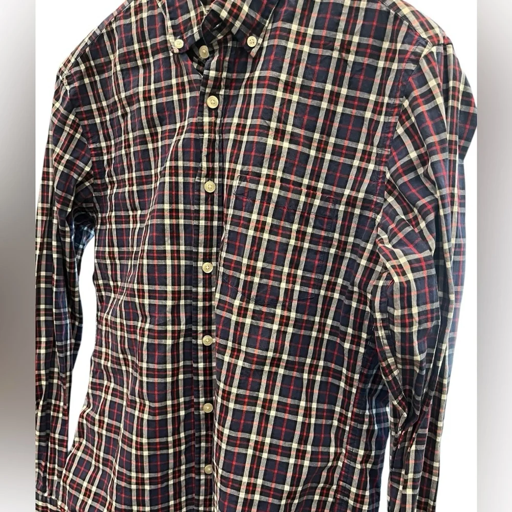 J Crew Button‎ Down Shirt Navy Blue Red Plaid Slim Fit Mens Size Large